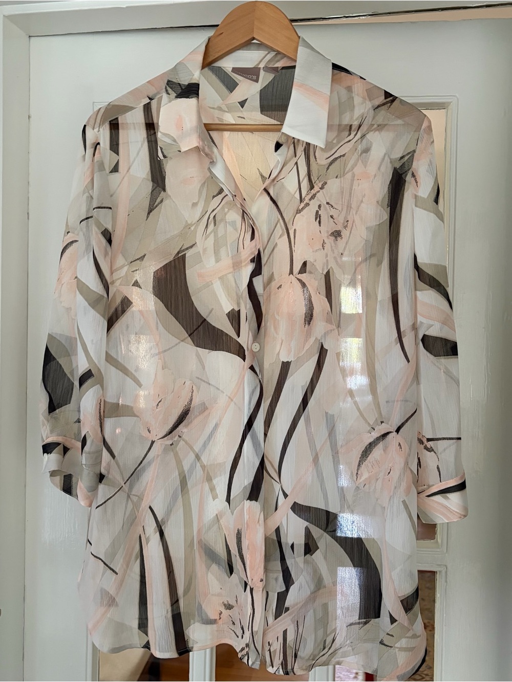 Chico's Sheer Floral Button-Down Top in Blush, White and Black